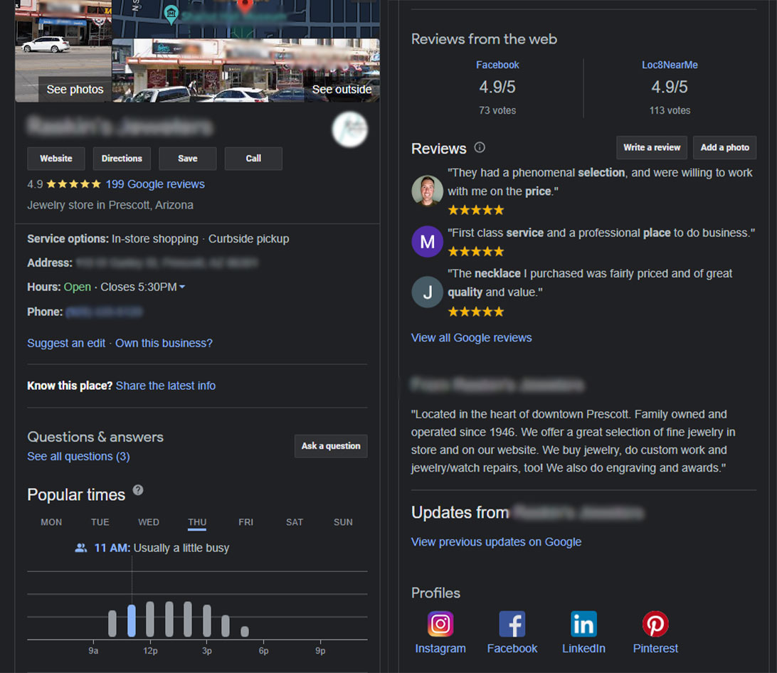 Screenshot of Google business profile with reviews