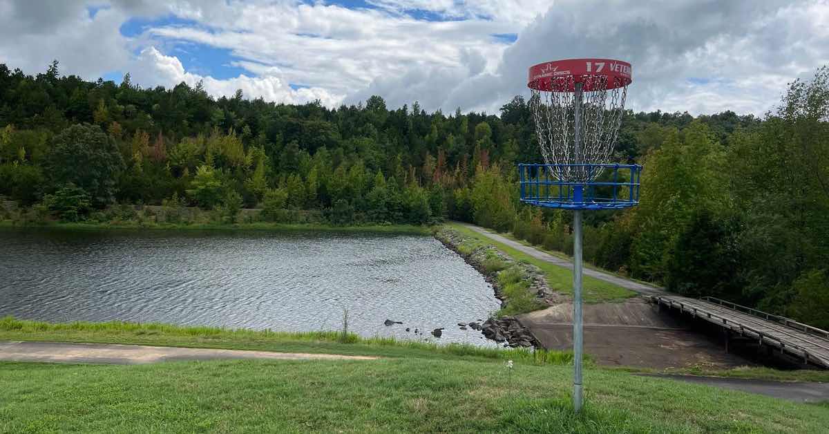 A disc golf basket on a long pole with a backdrop of a lake and trees