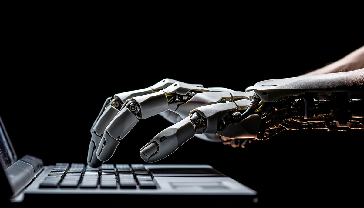 A robotic hand pressing keys on a laptop keyboard, highlighting the integration of technology and human-like dexterity.