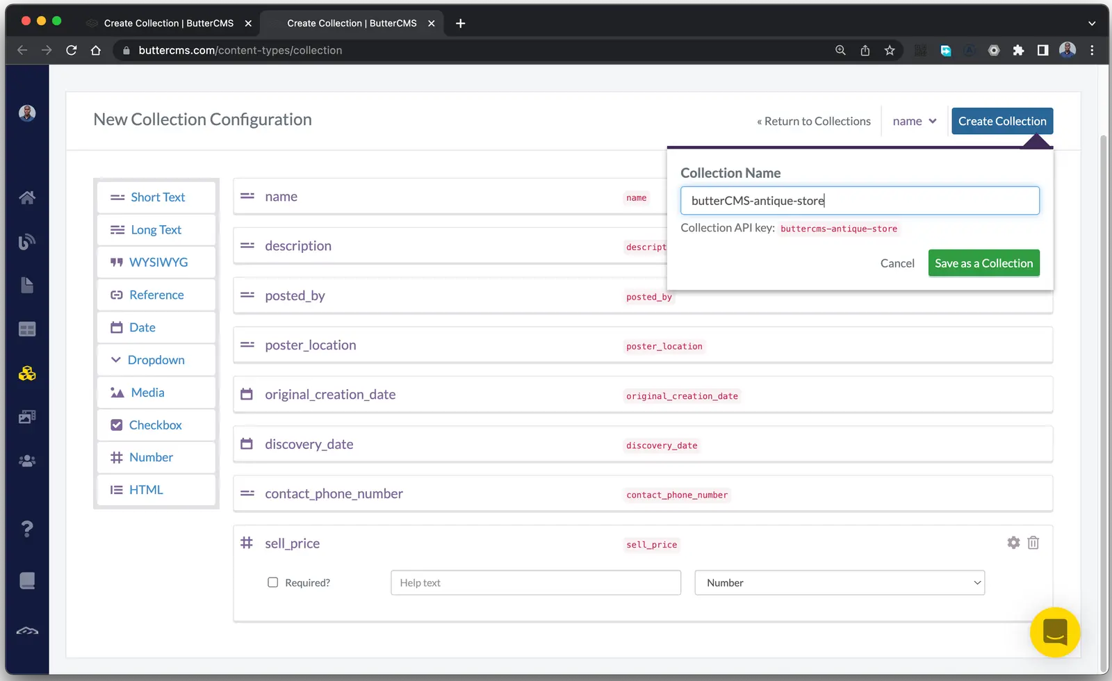 The antique store collection configuration in ButterCMS