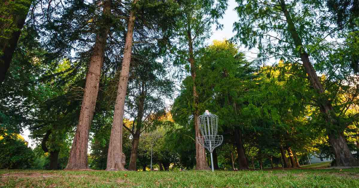 A RPM Helix disc golf basket in a park area with large trees nearby
