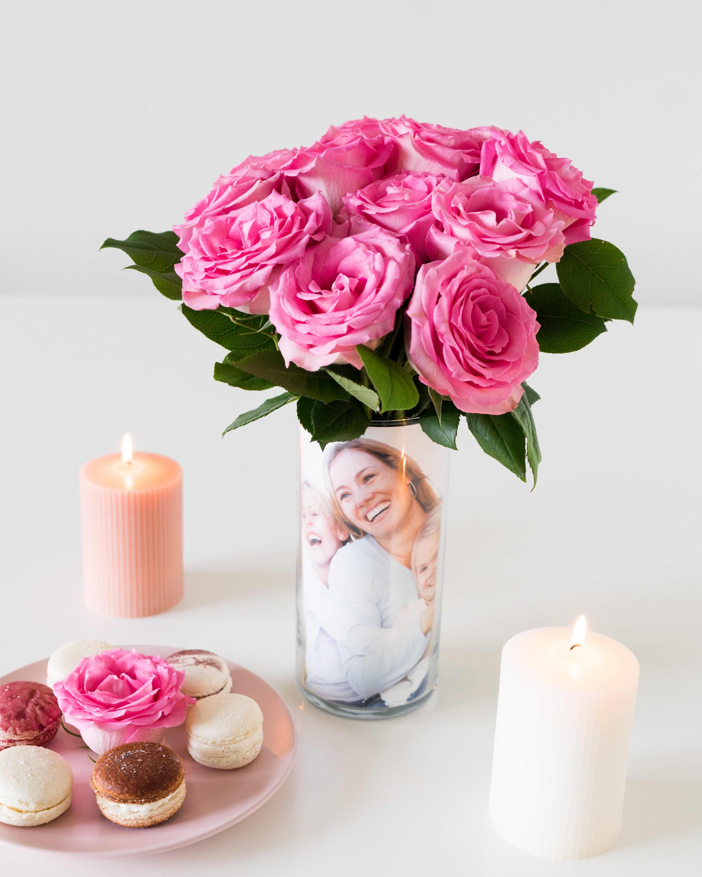 Pink Roses with Custom Photo Vase