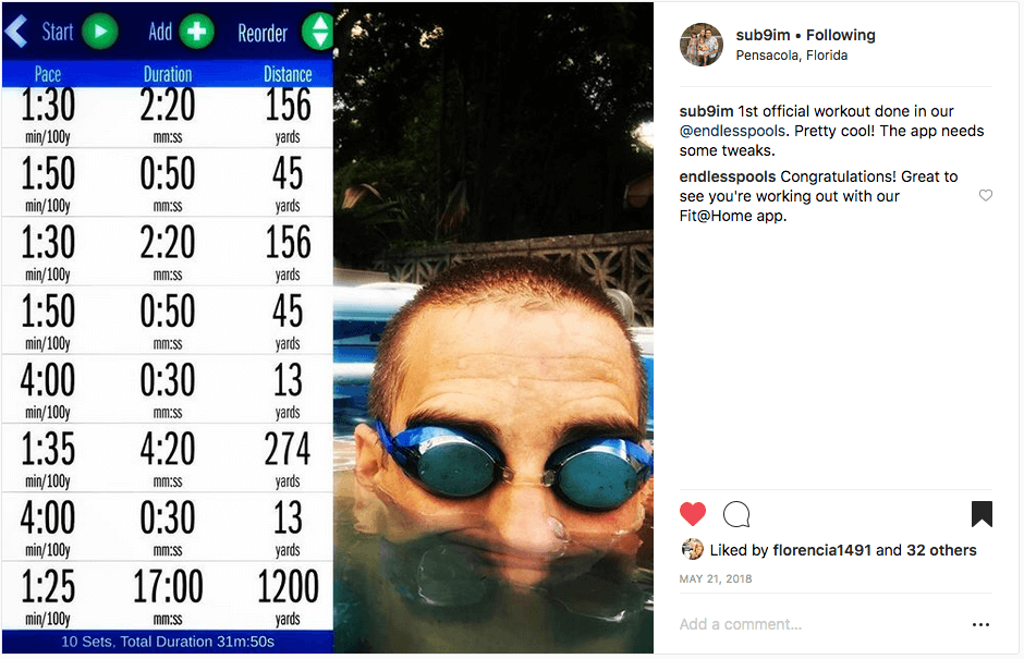 Instagram post of a triathlete's first Endless Pools swim with the Endless Pools Fit at Home app