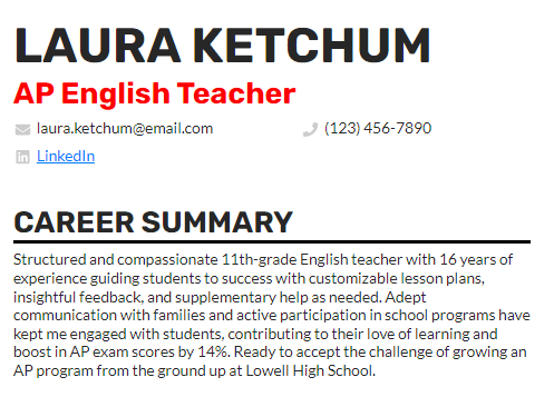 A resume summary for a teacher with 16 years of experience
