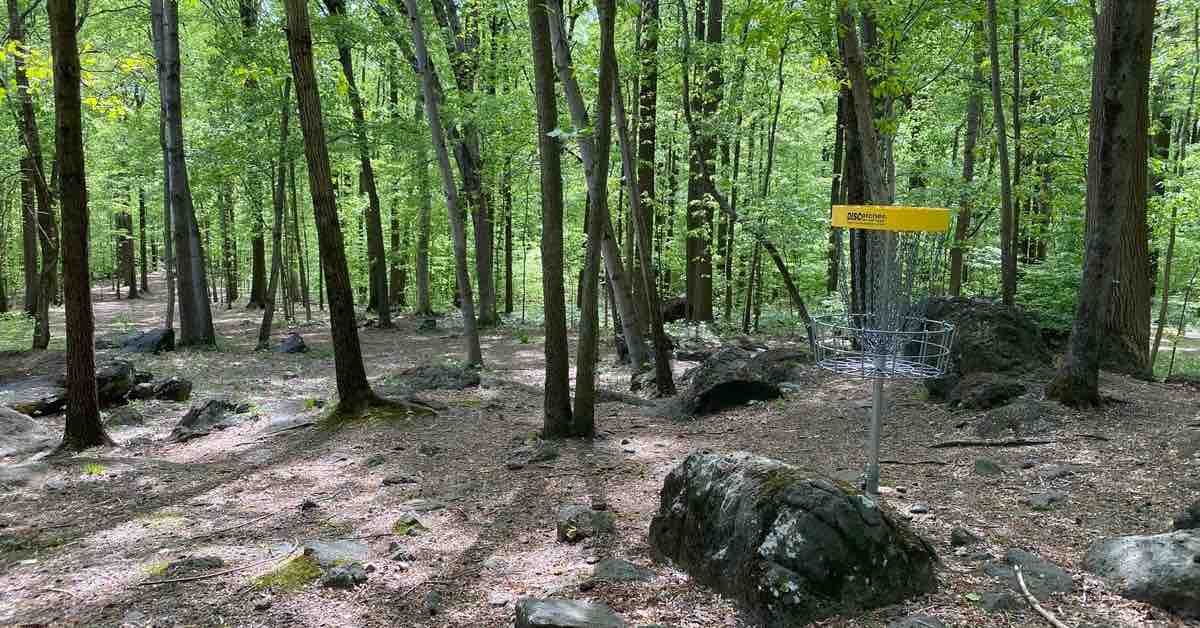 A disc golf basket on a very wooded hole near exposed rocks