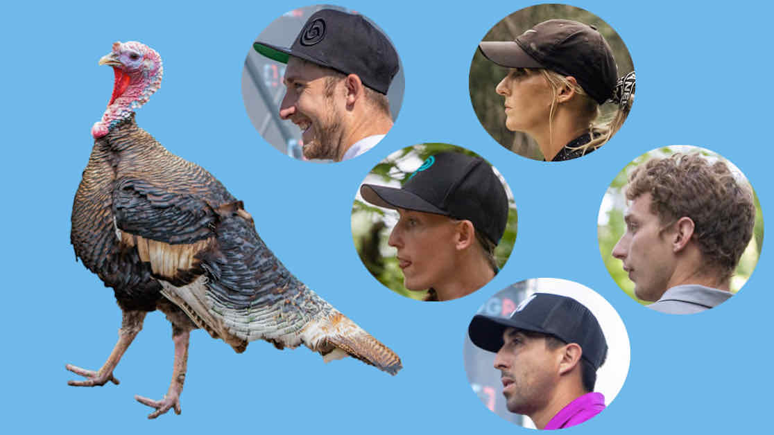 Photos of various disc golf pros looking at a turkey on a blue background