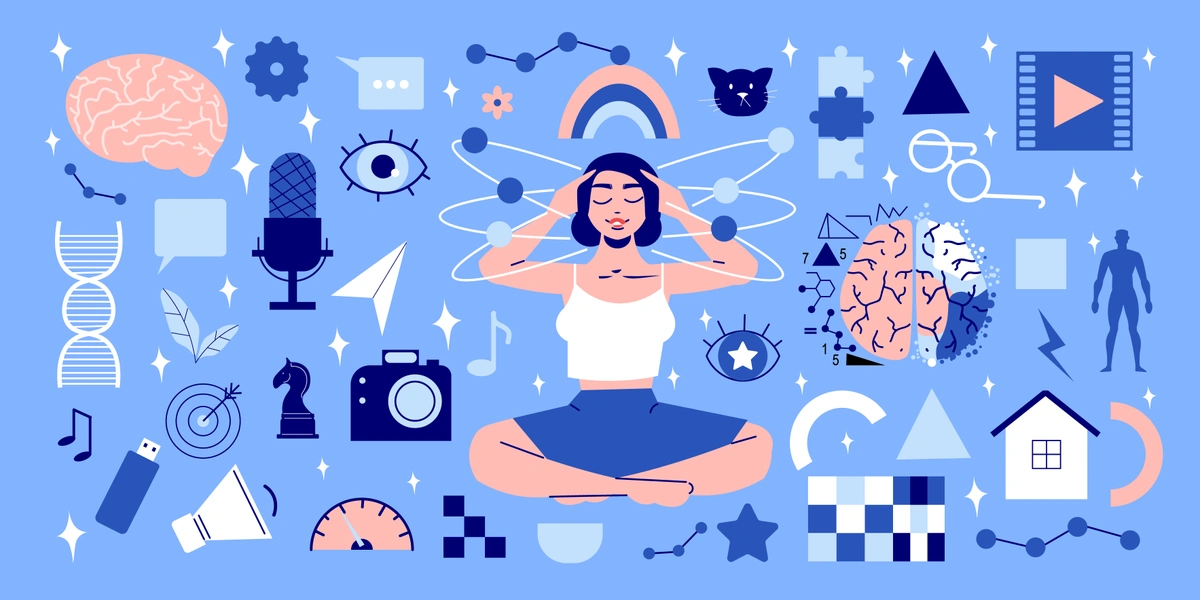 A creative illustration of a person meditating surrounded by a variety of icons and symbols representing different aspects of thinking, creativity, and mental processes.