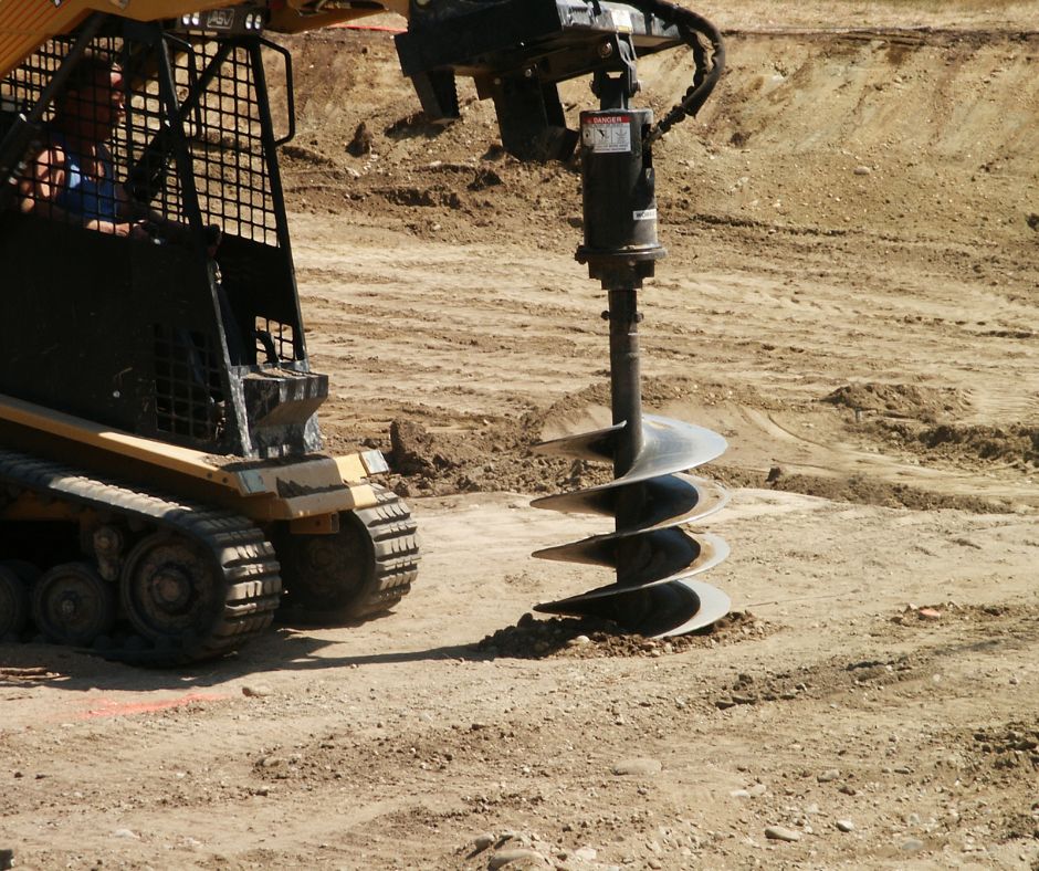 Compact track loader with an auger attachment digging into a dirt patch
