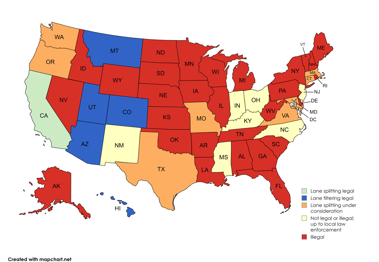 Lane Splitting/Lane Filtering is legal in these states