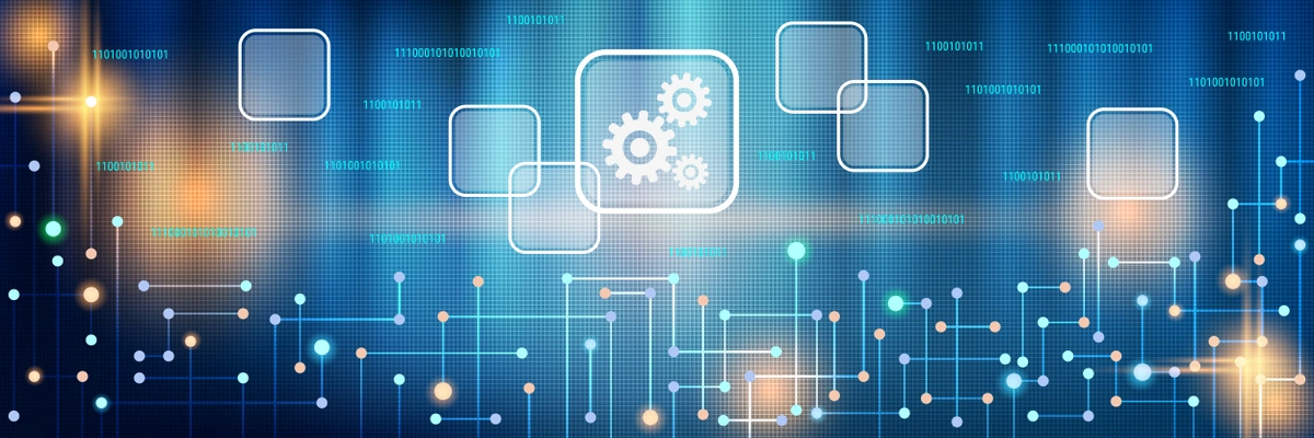 A digital concept featuring network connections, data blocks, and ...