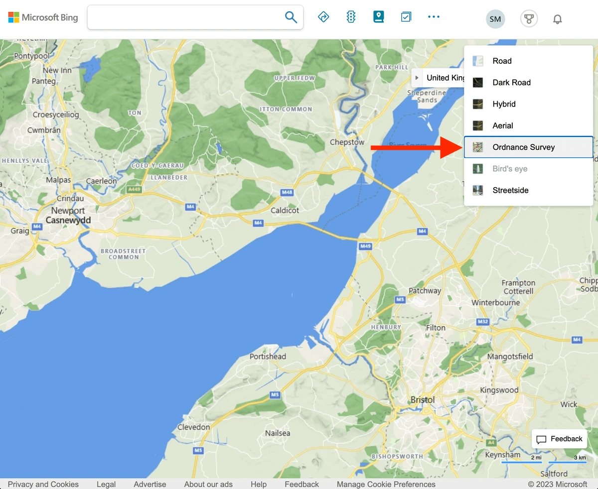 Bing maps selection of OS map example