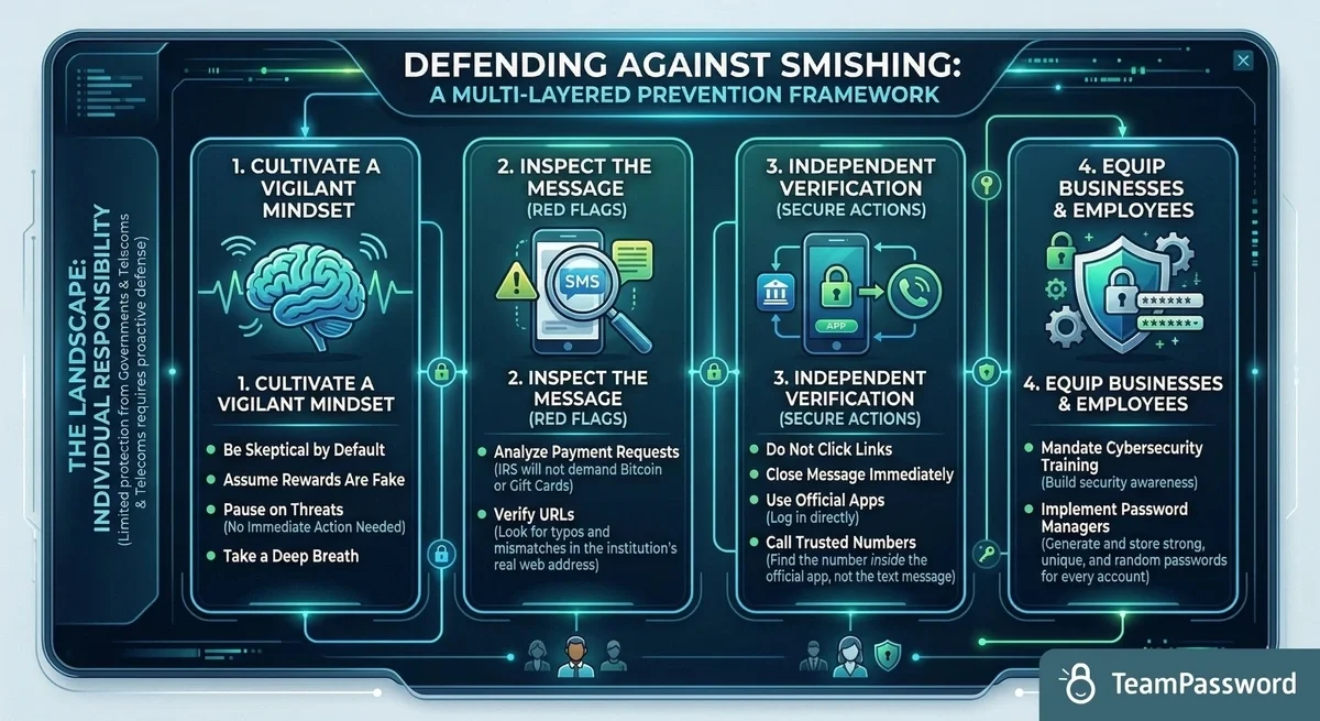 Infographic detailing four steps to defend against smishing: Cultivate Vigilant Mindset, Inspect Message Red Flags, Independent Verification, and Equip Businesses.