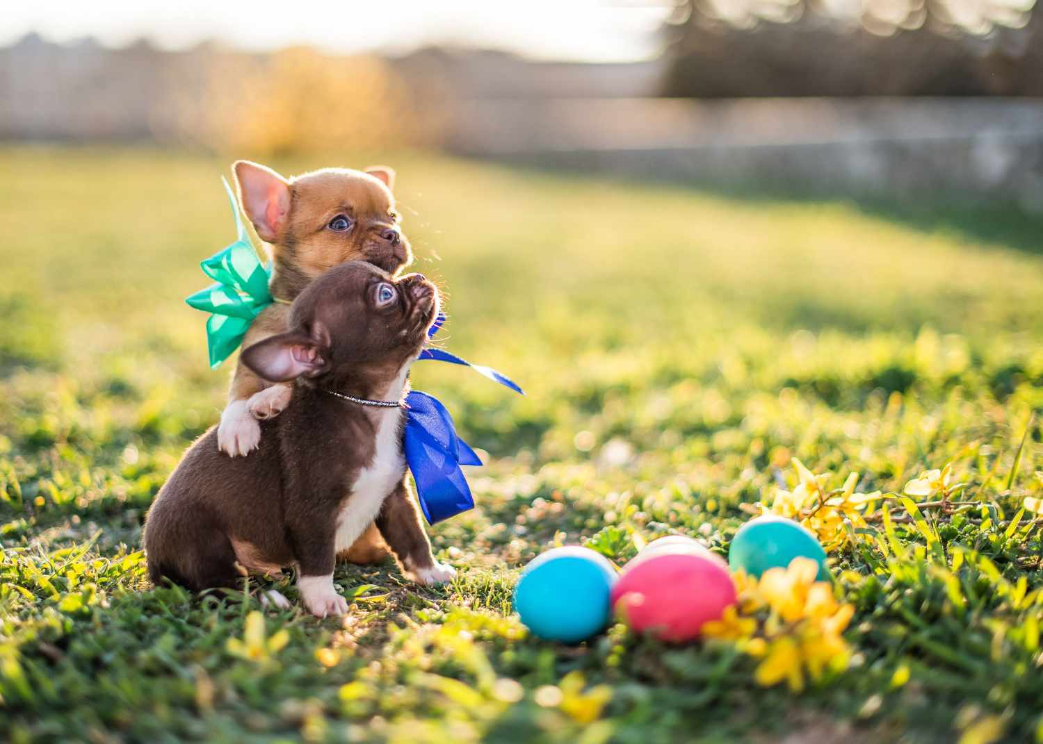 Two chihuahua puppies with eater accessories and dyed easter eggs