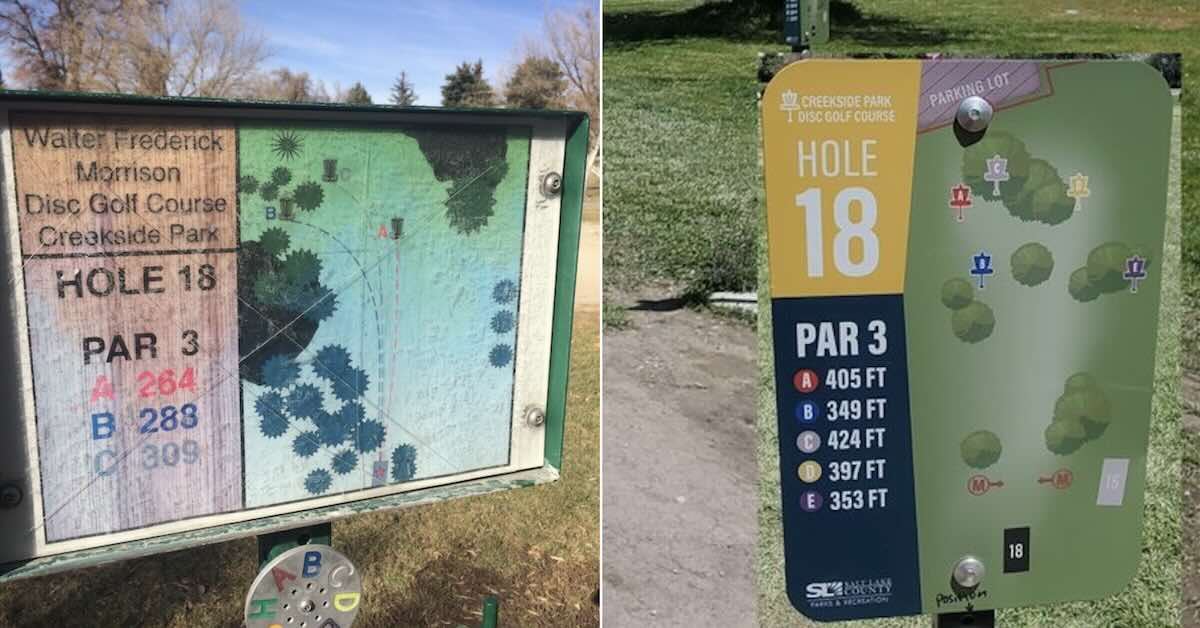 Two signs for a hole 18 on a disc golf course, one old and scratched, the other new