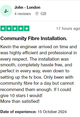 A five-star review for Community Fibre on TrustPilot.