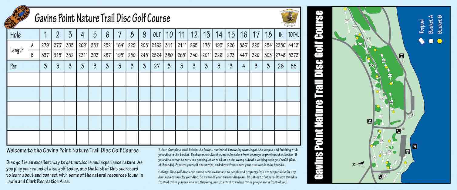 A disc golf scorecard for an 18-hole course