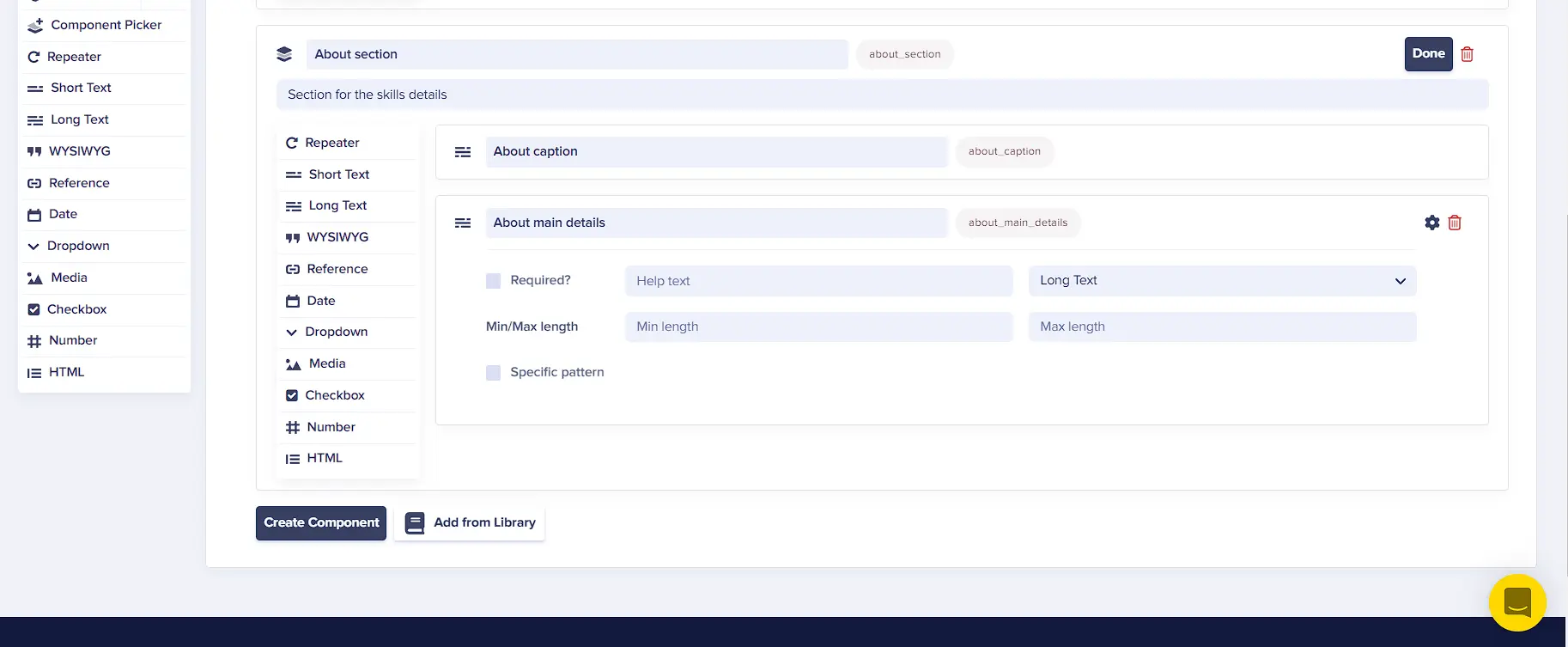 Configuring the "About" component in ButterCMS.