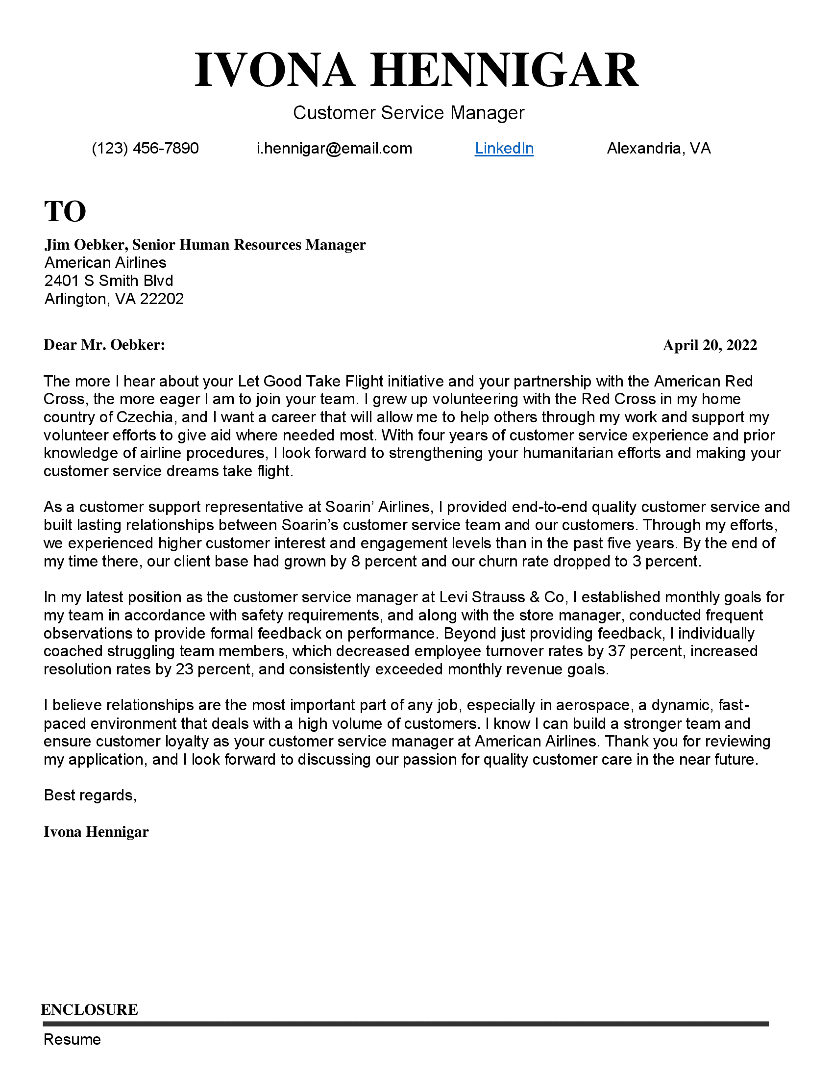 Customer service manager cover letter