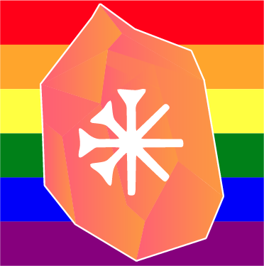 Irkallu's crystal with a white outline on a Pride flag background.