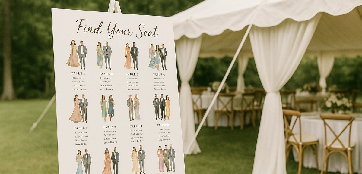 A beautifully organized seating chart for a wedding.