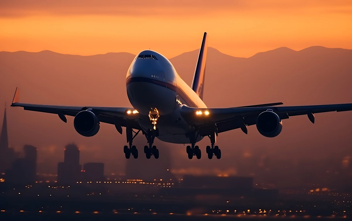 A jumbo jet flying in the sky at sunset, symbolizing the aviation industry and related legal implications.