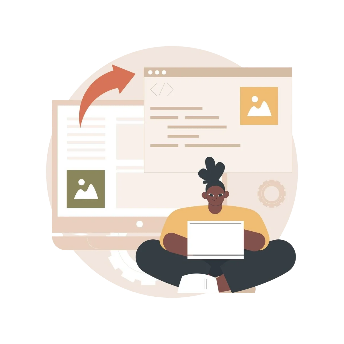 Developer sitting with a laptop, working on code and image files displayed on large screens.