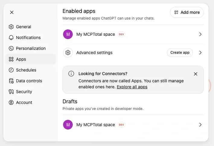 ChatGPT enabled apps list shows the my MCPTotal space.