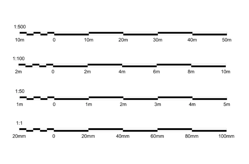 1:500, 1:100, 1:50 and 1:1 scale bars