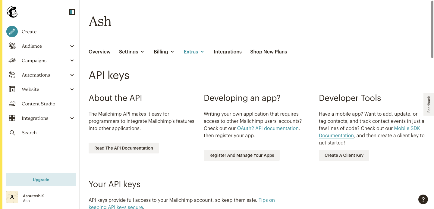 Screenshot: Mailchimp API Keys section