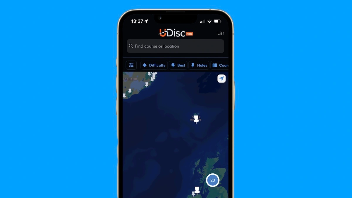 A screenshot from the map in the UDisc app showing the location of the Faroe Islands