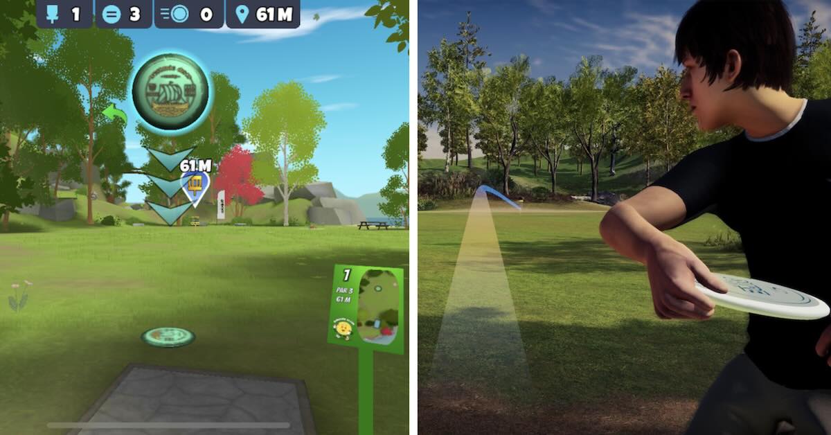 Two photos from disc golf video games, one with disembodied disc and the other with a player avatar