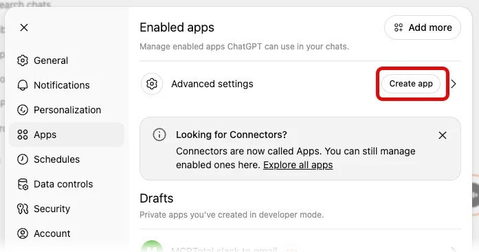 The ChatGPT setting's apps page highlights the Create app option.