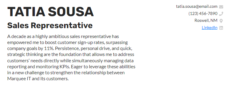 A resume summary for a sales representative