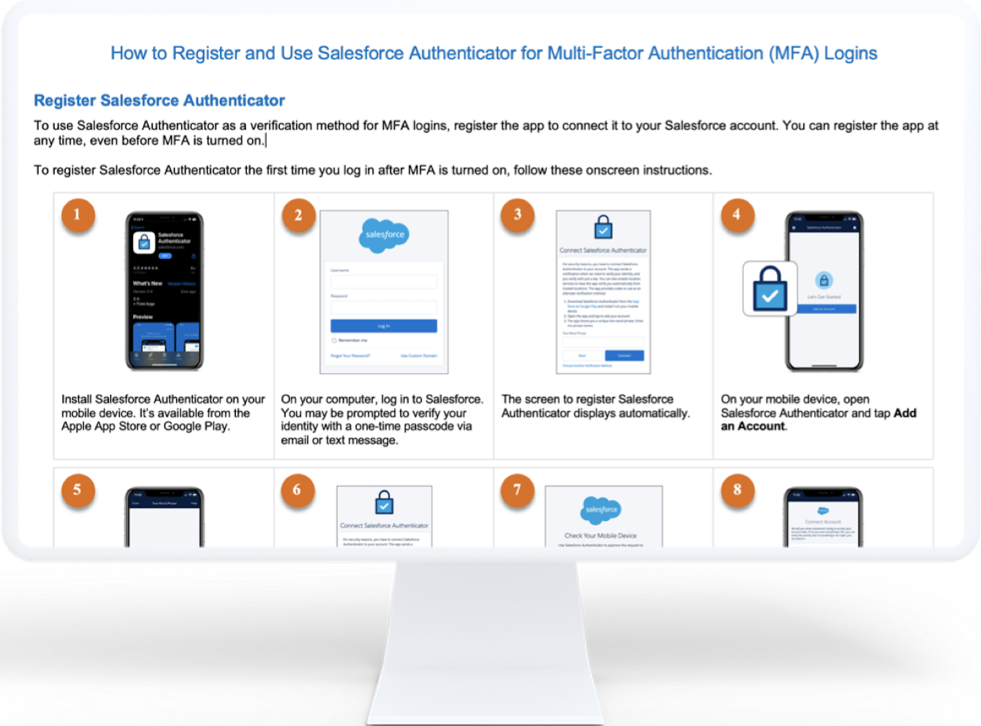 Computer monitor displaying process screenshots for "how to register and use the Salesforce Authenticator for MFA logins"