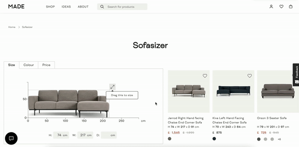 The SofaSizer tool surfaces the most relevant products to the top of the grid