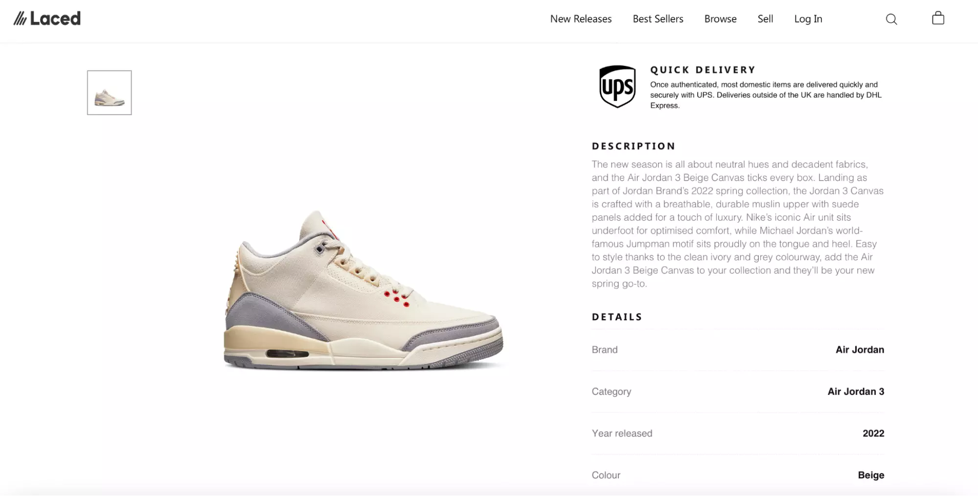 Product landing page displaying a shoe for sale with a product description section nect to it. 