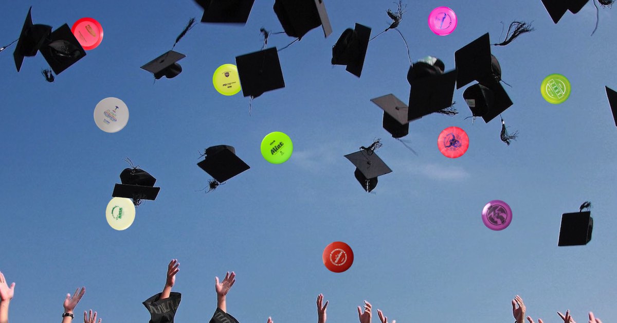 College graduation hats being thrown in the air with discs interspersed